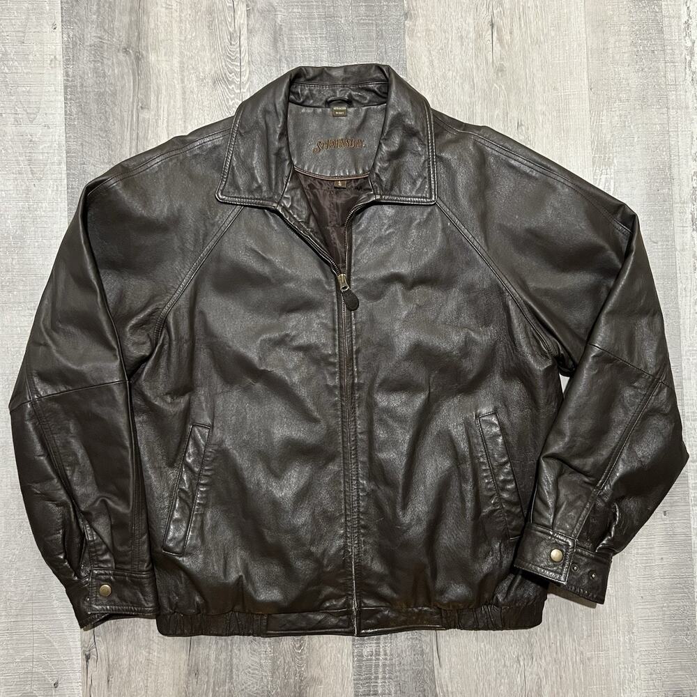 Vintage St Johns Bay Dark Brown Leather Bomber Jacket Mens Large L Y2K